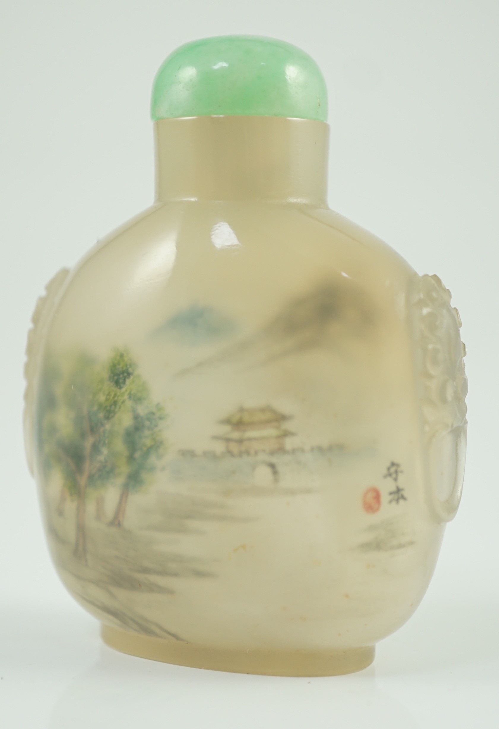 A Chinese inside painted agate ‘landscape’ snuff bottle, signed Liu Shouben, c.1965-70, 5.8cm high, jadeite stopper